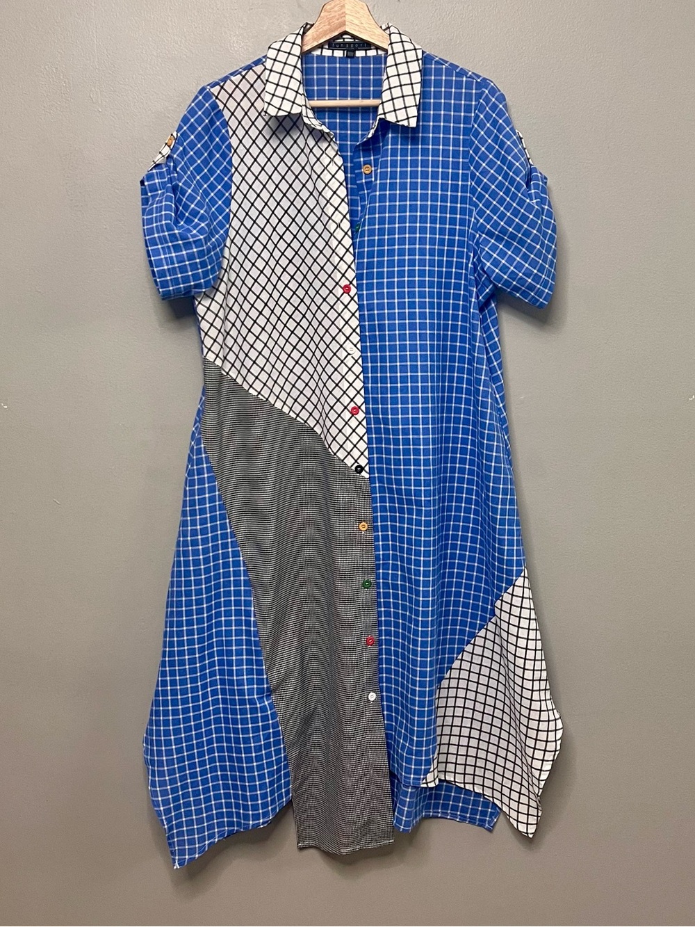 FunSport Grid Print Patchwork Shirt Dress Checkered Plaid Mixed Patterns Medium